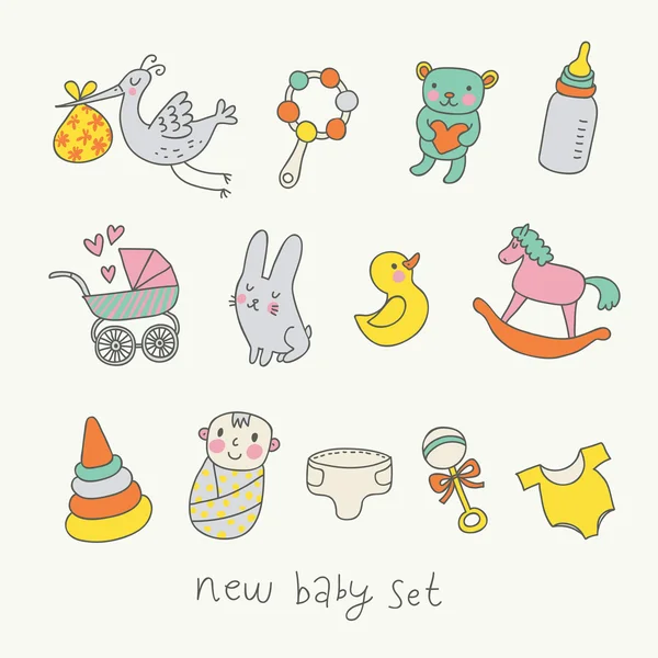 Niedlichen Cartoon-Baby-Set. Spielzeug, Kinderwagen, Baby, Storch im lustigen Vektorset — Stockvektor