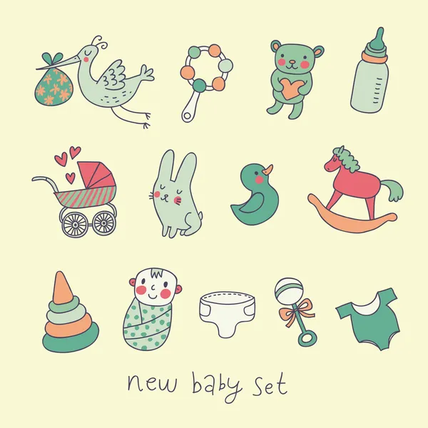 Niedlichen Cartoon-Baby-Set. Spielzeug, Kinderwagen, Baby, Storch im lustigen Vektorset — Stockvektor