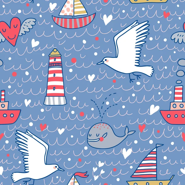 Marine concept seamless pattern. Whale, boat, ship, lighthouse, seagull in funny cartoon background in vector — Stock Vector