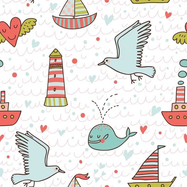 Marine concept seamless pattern. Whale, boat, ship, lighthouse, seagull in funny cartoon background in vector — Stock Vector