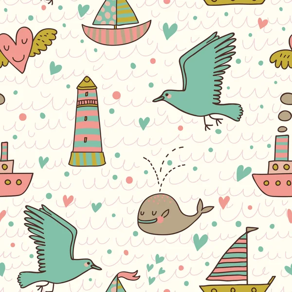 Concepto marino patrón sin costura. Ballena, barco, barco, faro, gaviota en divertido fondo de dibujos animados en vector — Archivo Imágenes Vectoriales