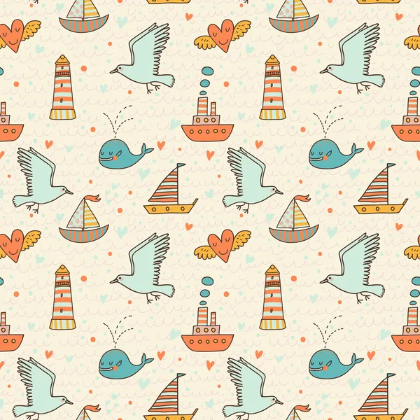 Marine concept seamless pattern. Whale, boat, ship, lighthouse, seagull in funny cartoon background in vector — Stock Vector