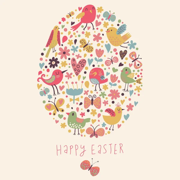 Easter concept card. Bright holiday background made of flowers, birds, hearts and butterflies in cartoon style in vector — Stock Vector