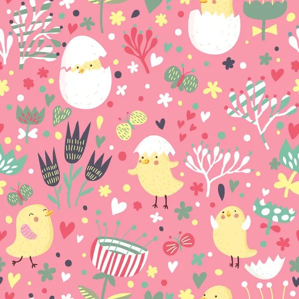 Pasen concept naadloze patroon. schattige kleine kippen in bloemen. naadloze patroon kan worden gebruikt voor behang, opvulpatronen, web pagina-achtergronden, oppervlakte texturen. — Stockvector
