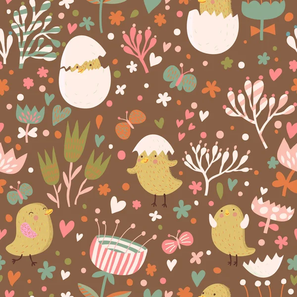 Concept de Pâques motif sans couture. Petits poulets mignons en fleurs. Modèle sans couture peut être utilisé pour le papier peint, remplissage de motifs, arrière-plans de page Web, textures de surface . — Image vectorielle