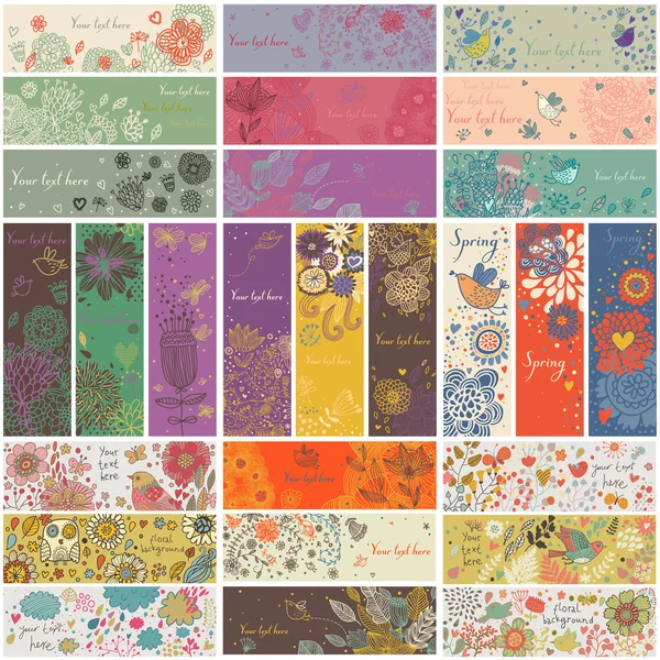 27 banners florales en vector. Romántico ambientado en estilo de dibujos animados. Tarjetas horizontales y verticales con flores, pájaros, corazones, ramas. Concepto primavera y verano — Vector de stock