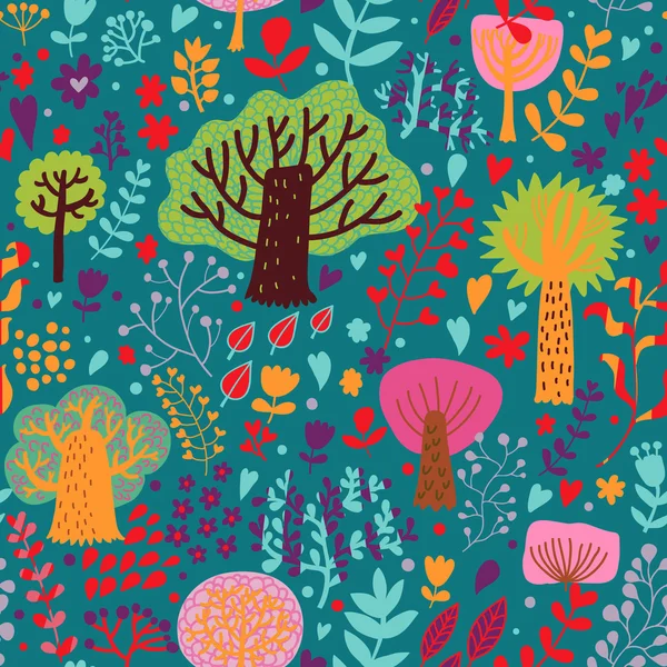 Bright nature seamless pattern in cartoon style. Trees and flowers - romantic spring background in vector — Stock Vector