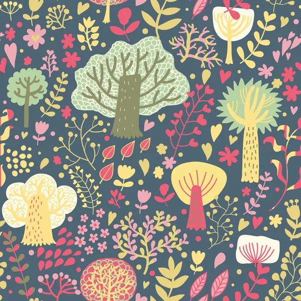 La naturaleza brillante patrón sin costuras en el estilo de dibujos animados. Árboles y flores - fondo romántico de primavera en vector — Vector de stock