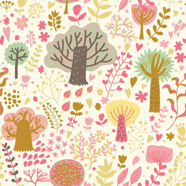 La naturaleza brillante patrón sin costuras en el estilo de dibujos animados. Árboles y flores - fondo romántico de primavera en vector — Archivo Imágenes Vectoriales