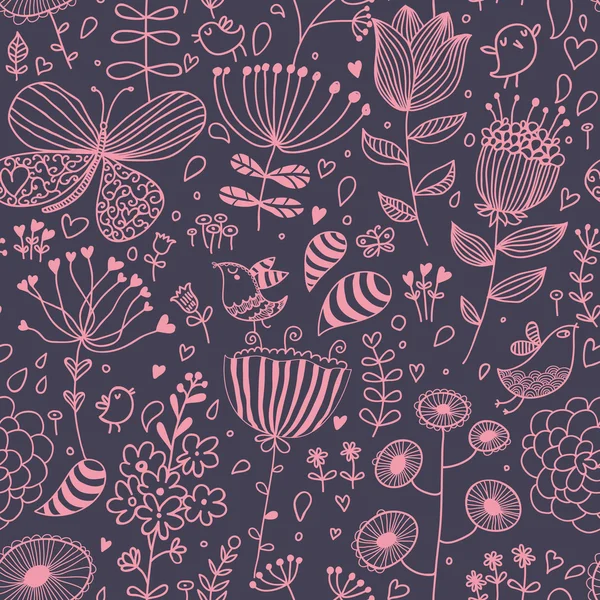 Fundo floral com pássaros de desenhos animados. Padrão sem costura — Vetor de Stock