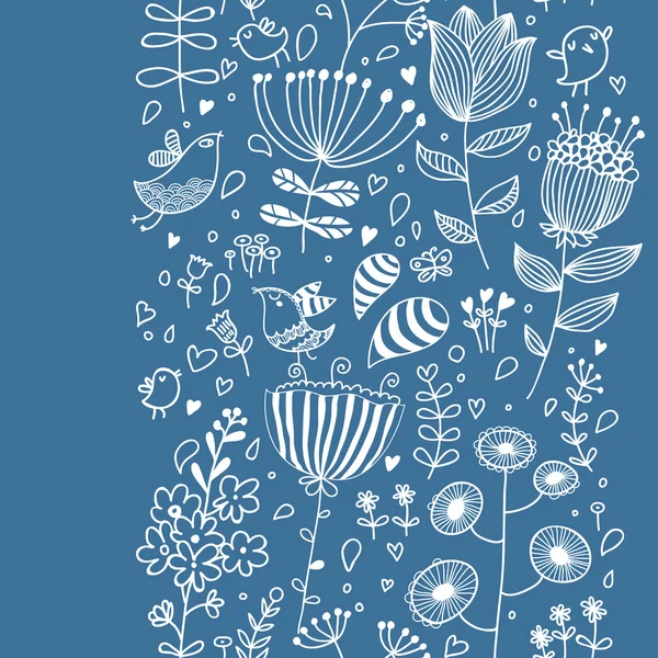 Élégant motif floral vintage verticalement sans couture dans des couleurs bleues. Oiseaux dans la nature en vecteur — Image vectorielle