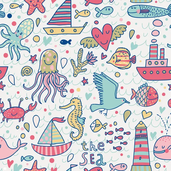 Marine concept seamless pattern. Seagull, whale, squid, octopus, boat, lighthouse and other nautical elements. Seamless pattern can be used for wallpaper, pattern fills, web page backgrounds. — Stock Vector
