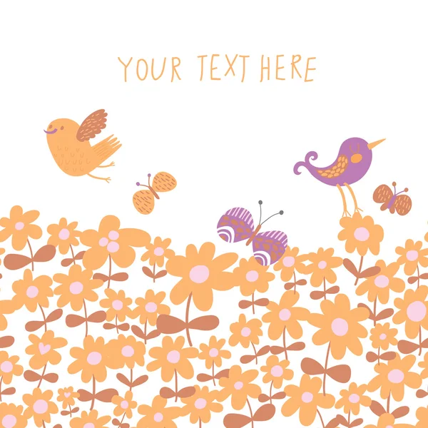 Яскравий весняний фон помаранчевого кольору. Птахи на квітковому лузі безшовний візерунок у векторі — стоковий вектор