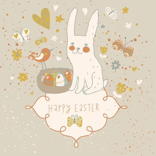 Conejo, pájaro, flores y mariposa - fondo lindo vector de dibujos animados. Tarjeta de concepto de Pascua en colores vintage — Archivo Imágenes Vectoriales