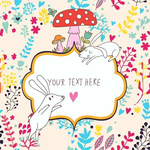 Cartoon vector background. Cute wallpaper with funny white rabbits, mushrooms and flowers. Romantic colorful card — Stock Vector