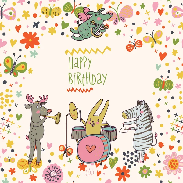 Dessin animé drôle cerf, lapin et zèbre joyeux anniversaire. Belle carte de vacances en vecteur — Image vectorielle