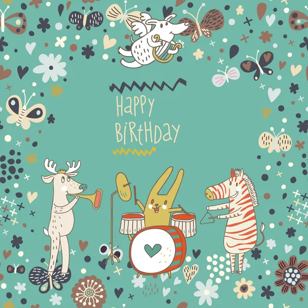 Dessin animé drôle cerf, lapin et zèbre joyeux anniversaire. Belle carte de vacances en vecteur — Image vectorielle