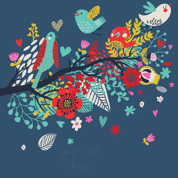 Lente concept illustratie. Cartoon vogel op tak in bloemen. Floral voorjaar achtergrond in vector. kan worden gebruikt als bruiloft uitnodiging — Stockvector