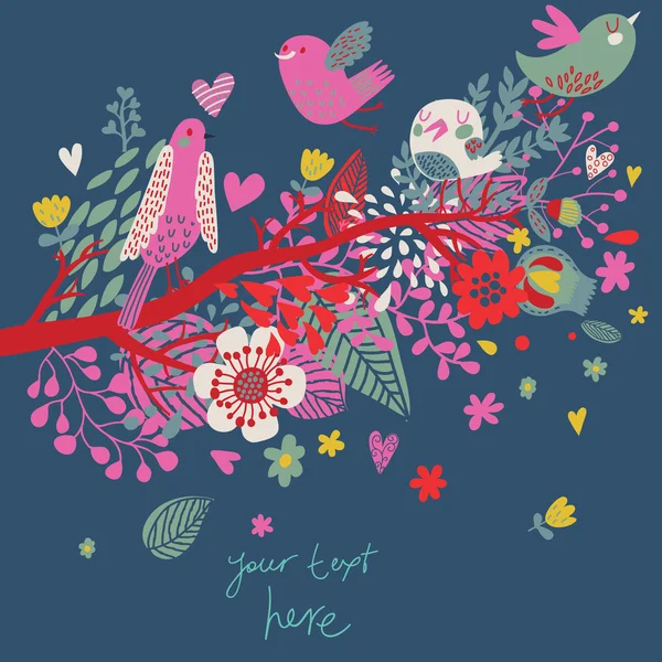 Lente concept illustratie. Cartoon vogel op tak in bloemen. Floral voorjaar achtergrond in vector. kan worden gebruikt als bruiloft uitnodiging — Stockvector