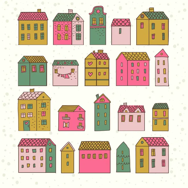 Belas casas de desenhos animados em vetor. Bonito conjunto de vida em cores rosa — Vetor de Stock