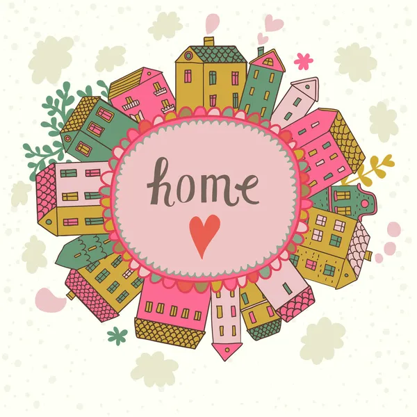 Home concept illustration. Cartoon houses on concept Earth. Romantic vector card — Stock Vector