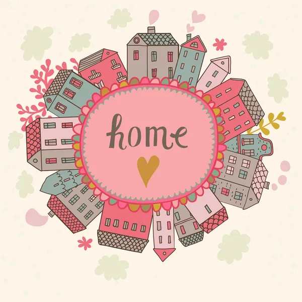 Home concept illustration. Cartoon houses on concept Earth. Romantic vector card — Stock Vector