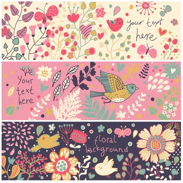 Bright floral banners in vector. Birds and butterflies in flowers. Summer concept cards — Stock Illustration Bright floral banners in vector. Birds and butterflies in flowers. Summer concept cards Royalty Free Stock Vectors