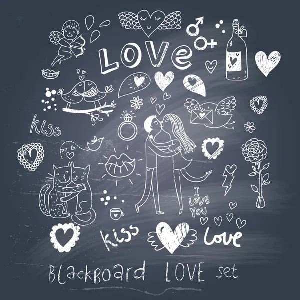 Blackboard romântico definido em vetor. Desenhos animados amor símbolos no estilo vintage Vetores De Bancos De Imagens
