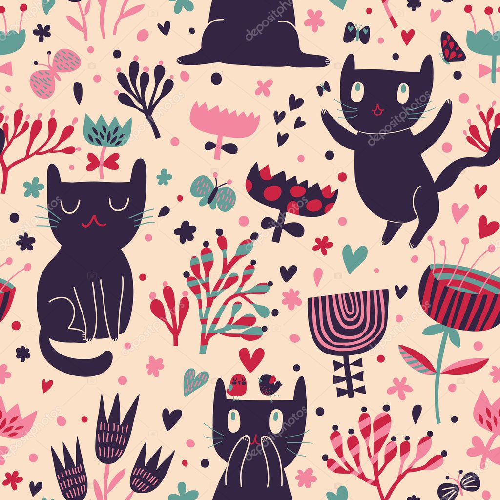 Romantic cartoon wallpaper. Childish background with funny cats and flower. Seamless pattern can be used for wallpapers, pattern fills, web page backgrounds, surface textures. Stock Vector Image by ©smilewithjul #25056993 Romantic cartoon wallpaper. Childish background with funny cats and flower. Seamless pattern can be used for wallpapers, pattern fills, web page backgrounds, surface textures. Stock Vector Image by ©smilewithjul #25056993
