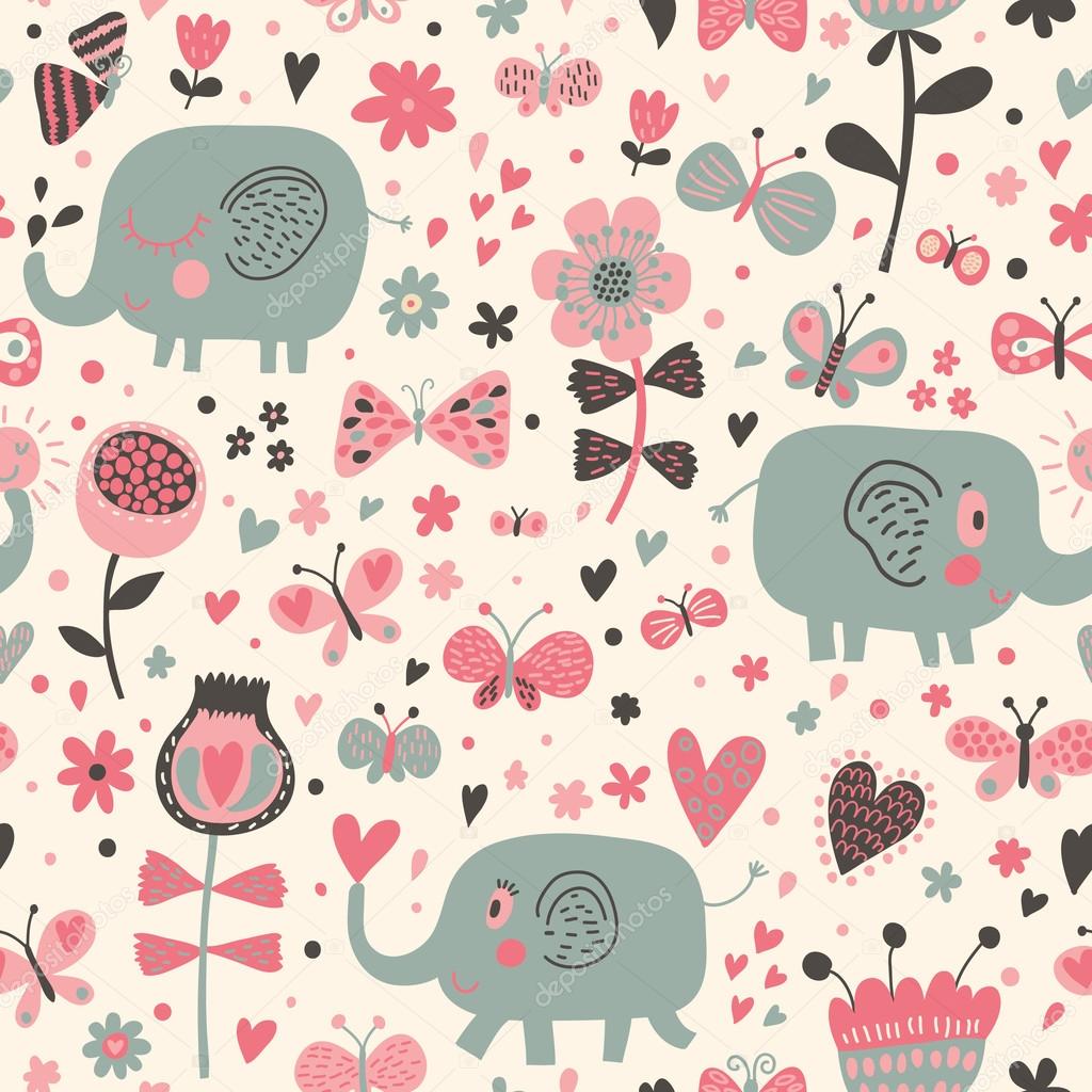 Cartoon seamless pattern for children's wallpapers. Cute elephants in flowers and butterflies