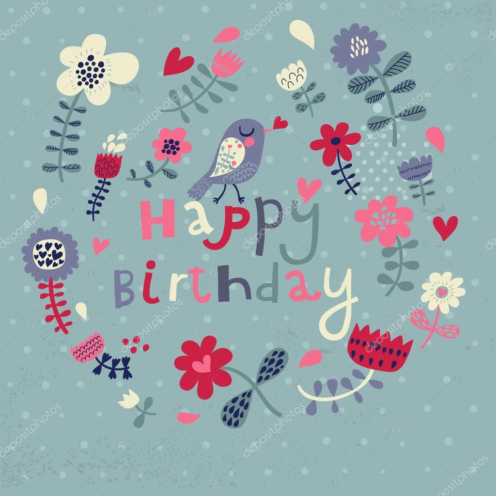 Beautiful Happy Birthday Greeting Card With Flowers And Bird Vector Party Invitation With Floral Elements Stock Vector Image By C Smilewithjul 25057499