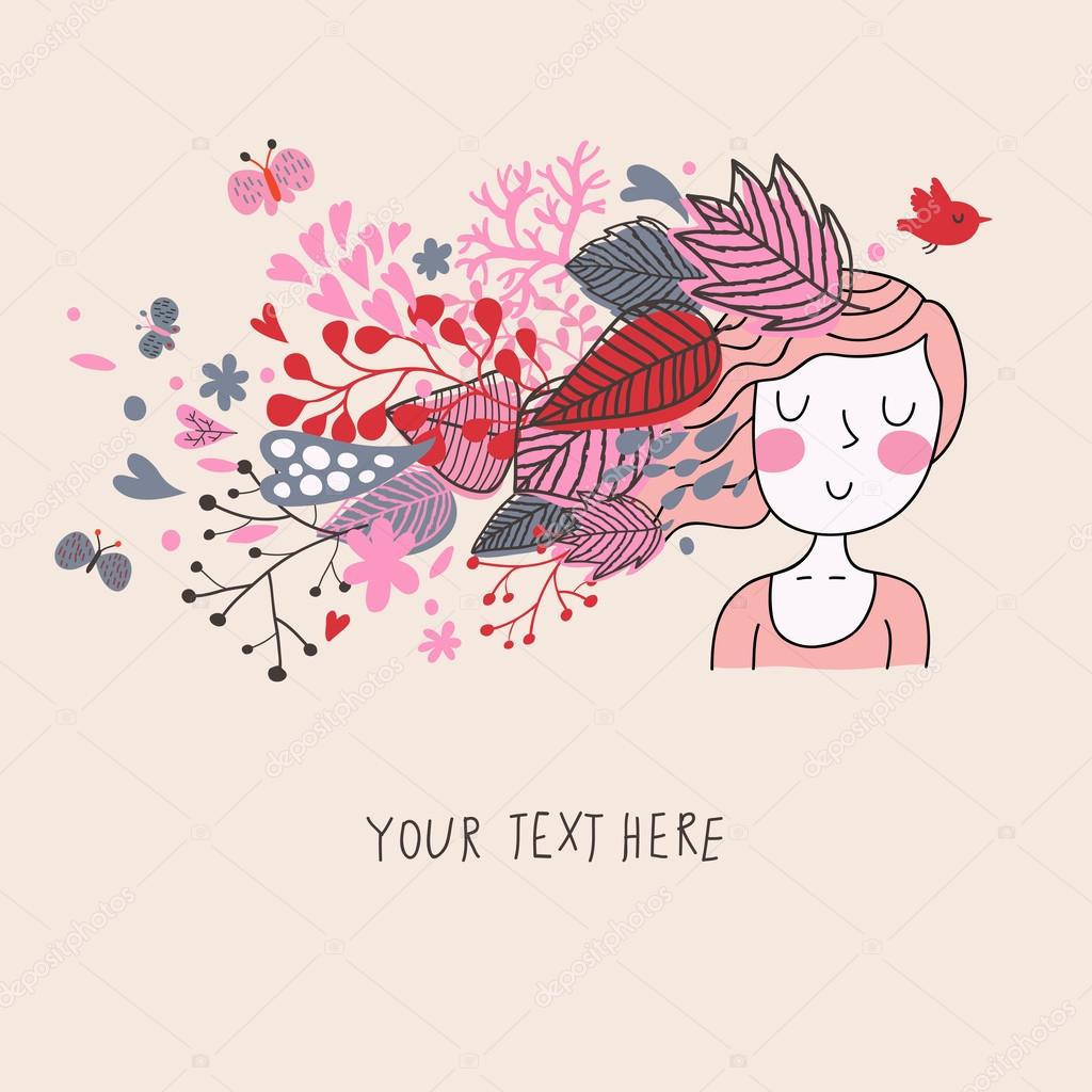 Beautiful girl with fairy hair made of flowers and leafs in vector