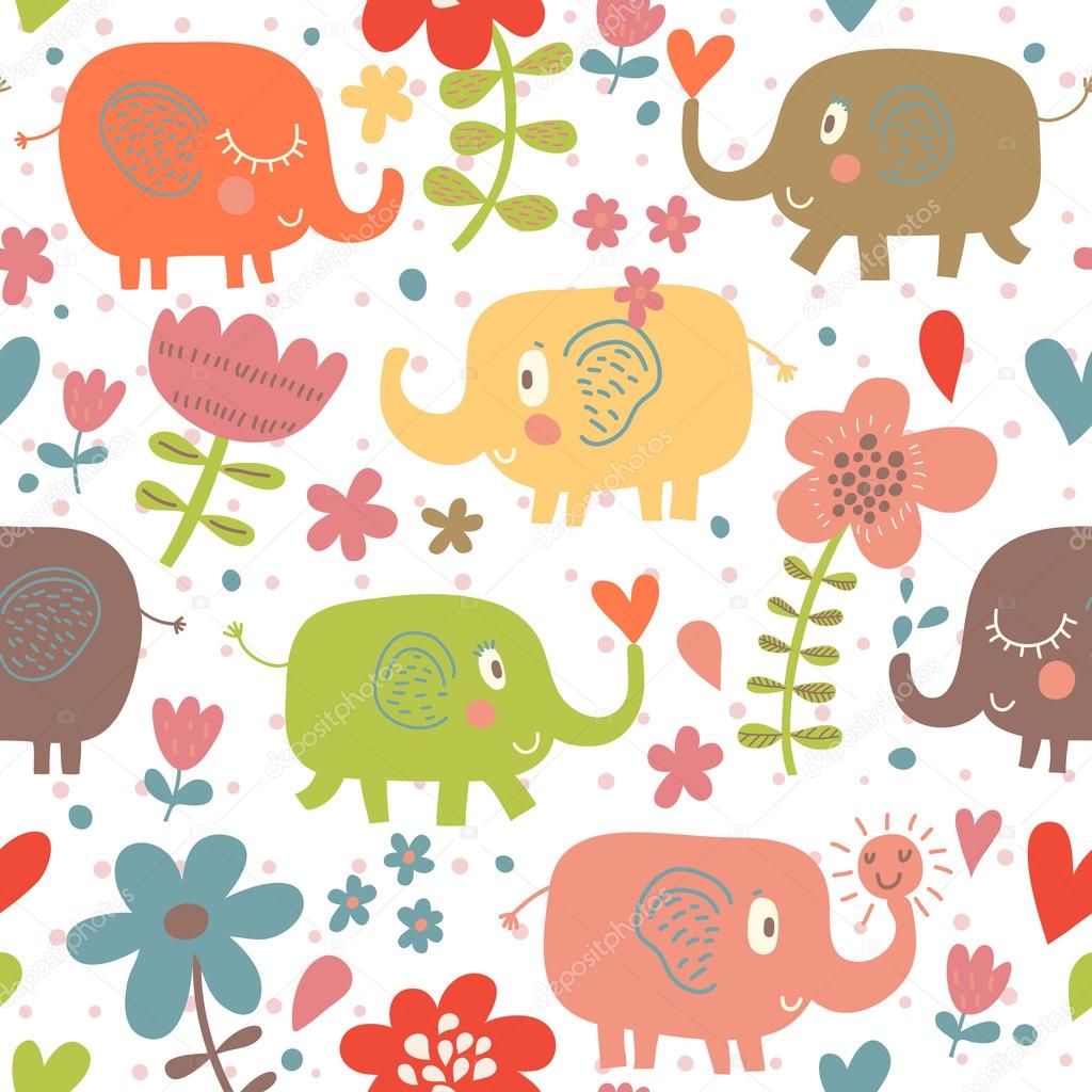 Cartoon funny childish elephants in flowers. Cute seamless pattern for nice backgrounds