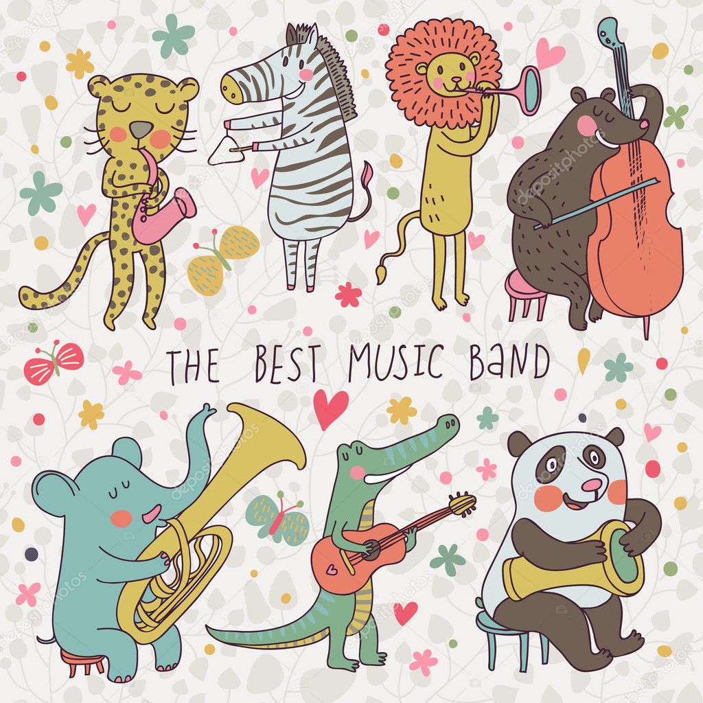 Animals - musicians. Leopard, zebra, panda, bear, lion, elephant, crocodile are playing on classical musical instruments. Cartoon vector set