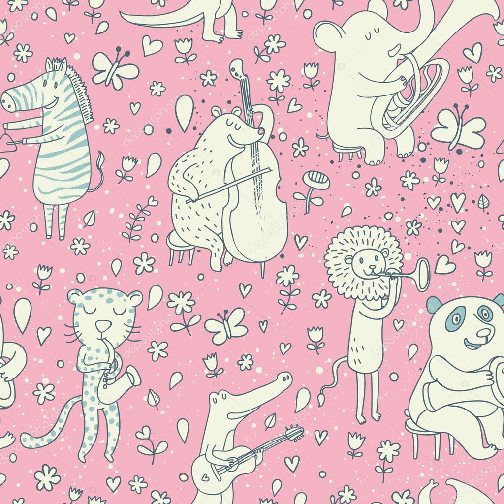 Funny animals musicians in vintage style. Bear, leopard, lion, elk, crocodile, elephant and zebra. Seamless pattern can be used for wallpaper, pattern fills, web page backgrounds, surface textures.