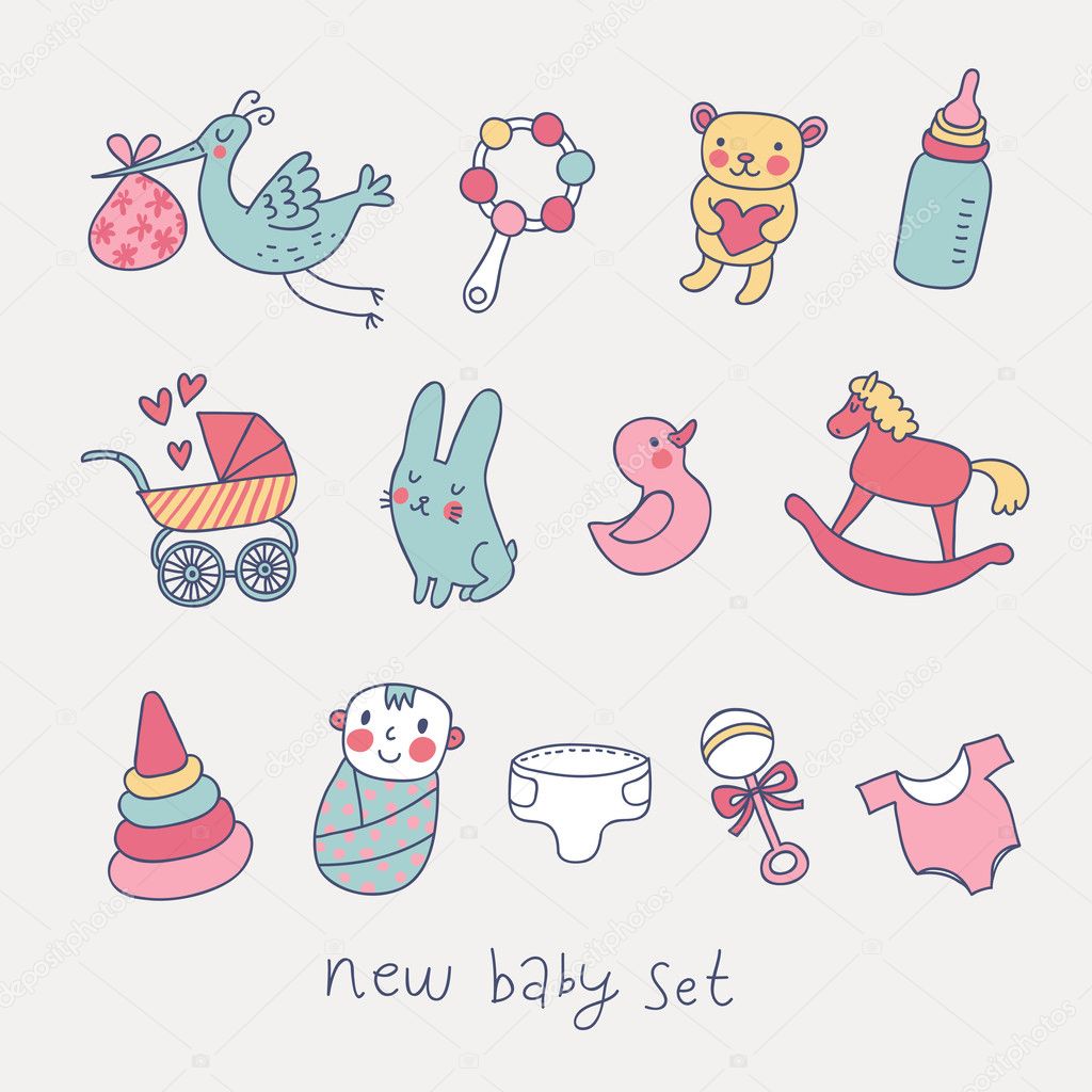 Cute cartoon baby set. Toys, carriage, baby, stork in funny vector set