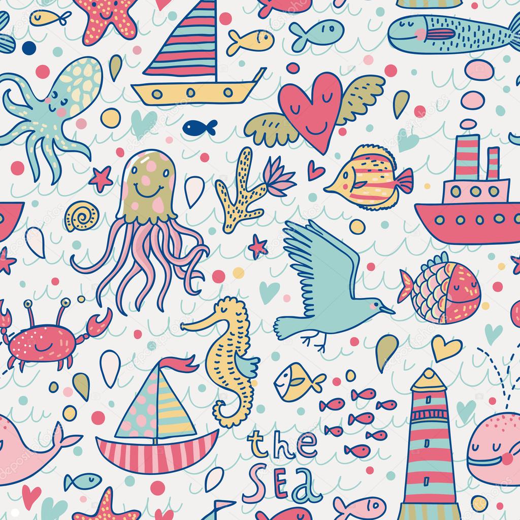 Marine concept seamless pattern. Seagull, whale, squid, octopus, boat, lighthouse and other nautical elements. Seamless pattern can be used for wallpaper, pattern fills, web page backgrounds.