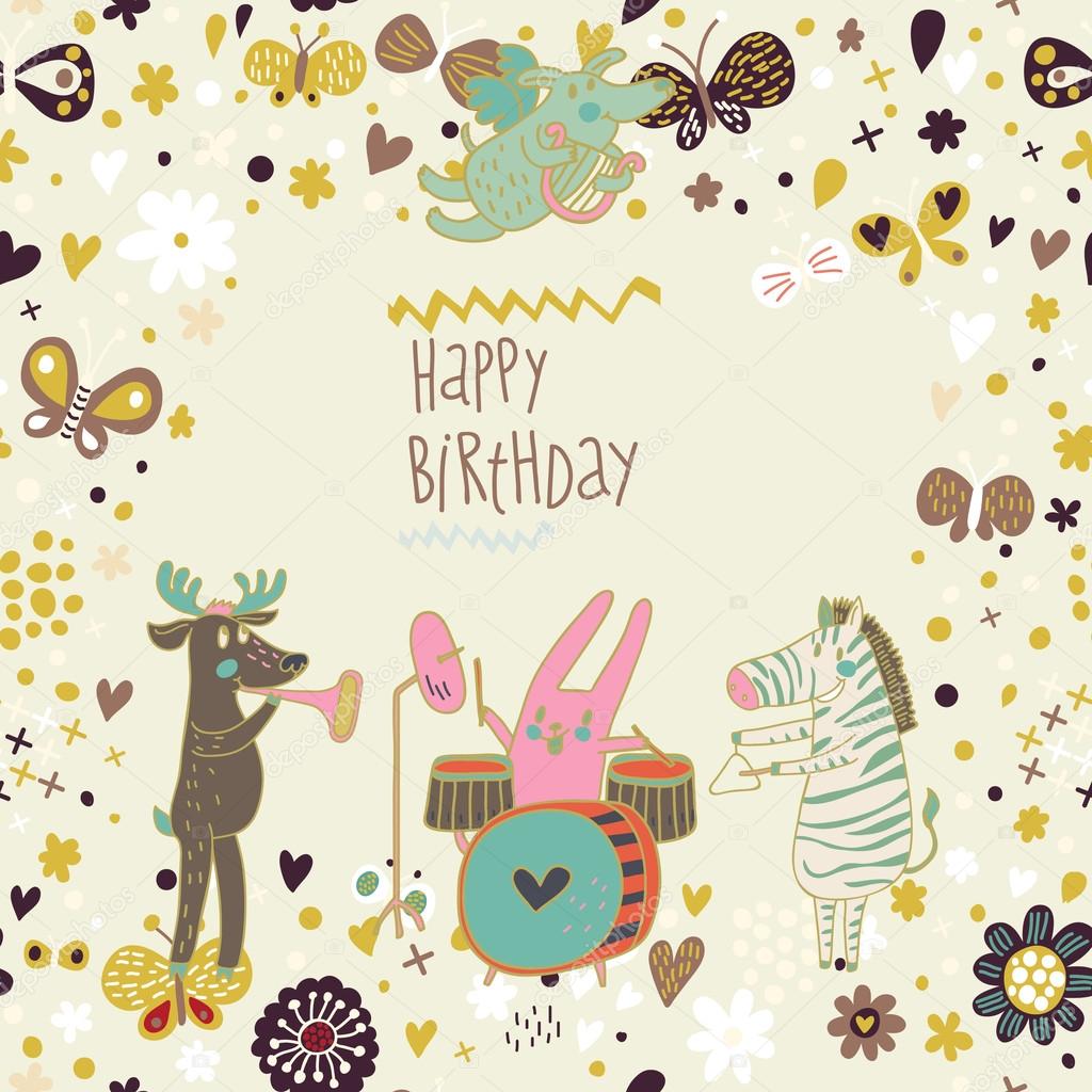 Cartoon funny deer , rabbit and zebra happy birthday. Nice holiday card in vector