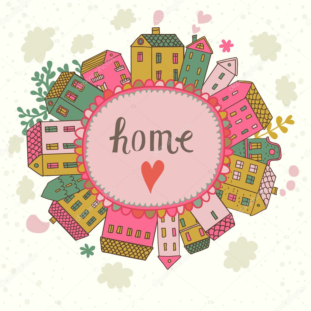 Home concept illustration. Cartoon houses on concept Earth. Romantic vector card