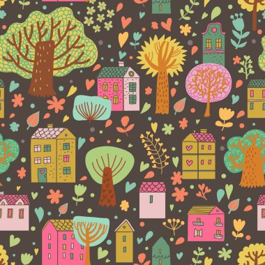 vektör romantik şehirde. sevimli çizgi evleri ve ağaçlar. duvar kağıtları, desen dolgularını, web sayfası arka planlar, yüzey dokuları için seamless modeli-ebilmek var olmak kullanılmış.