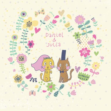 düğün davetiyesi karikatür. funny cats damat ve gelin romantik çiçek kartı. vektör duvar çiçek yaptı. ideal düğün kartları ve indirimden tarihi Davetiyeler.