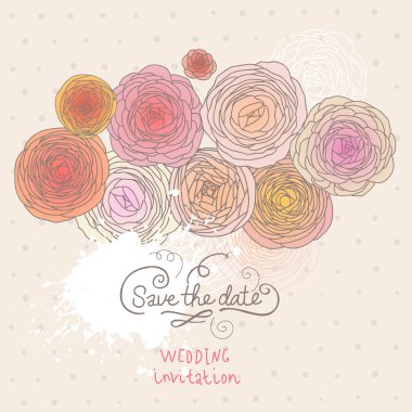 düğün davetiyesi ile Düğünçiçeği. karikatür vector floral planda. pastel renklerde şık düğün kartı