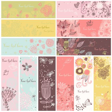 vector Floral afiş ayarlayın. 12 çiçekli kart. Yaz, ilkbahar ve sonbahar konsepti afiş