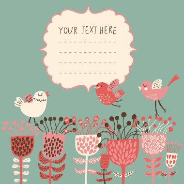 bahar çiçekleri ve kuşlar. karikatür vector floral planda. Bahar kavramı kartı parlak renkler