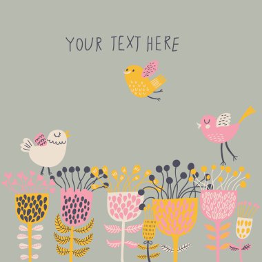 bahar çiçekleri ve kuşlar. karikatür vector floral planda. Bahar kavramı kartı parlak renkler