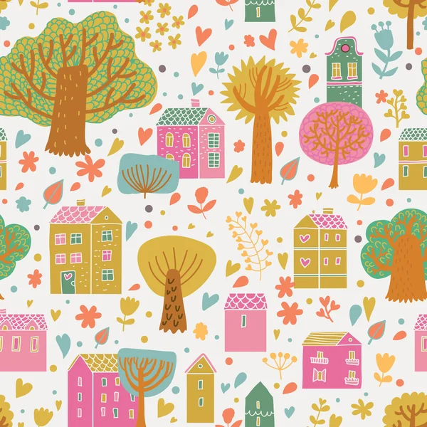 Romantic town in vector. Cute cartoon houses and trees. Seamless pattern can be used for wallpapers, pattern fills, web page backgrounds, surface textures. — Stock Vector