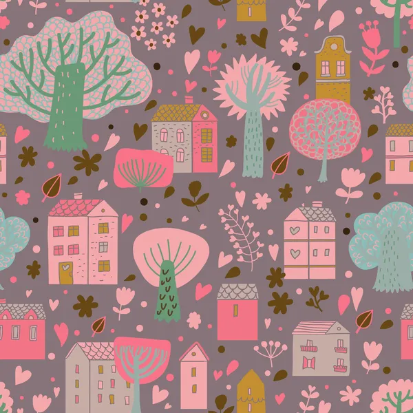 Romantic town in vector. Cute cartoon houses and trees. Seamless pattern can be used for wallpapers, pattern fills, web page backgrounds, surface textures. — Stock Vector