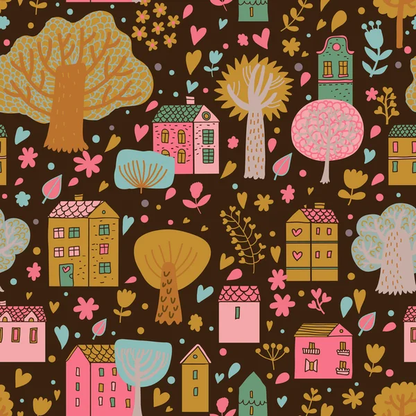 Romantic town in vector. Cute cartoon houses and trees. Seamless pattern can be used for wallpapers, pattern fills, web page backgrounds, surface textures. — Stock Vector