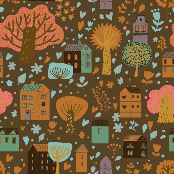 Romantische plaats (town) in de vector. cute cartoon huizen en bomen. naadloze patroon kan worden gebruikt voor achtergronden, opvulpatronen, web pagina-achtergronden, oppervlakte texturen. — Stockvector