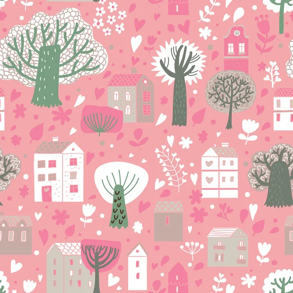 Romantic town in vector. Cute cartoon houses and trees. Seamless pattern can be used for wallpapers, pattern fills, web page backgrounds, surface textures. — Stock Vector